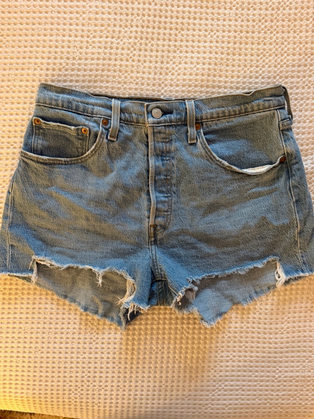 Levi's 501 Light Blue Distressed Cutoff Jean Shorts